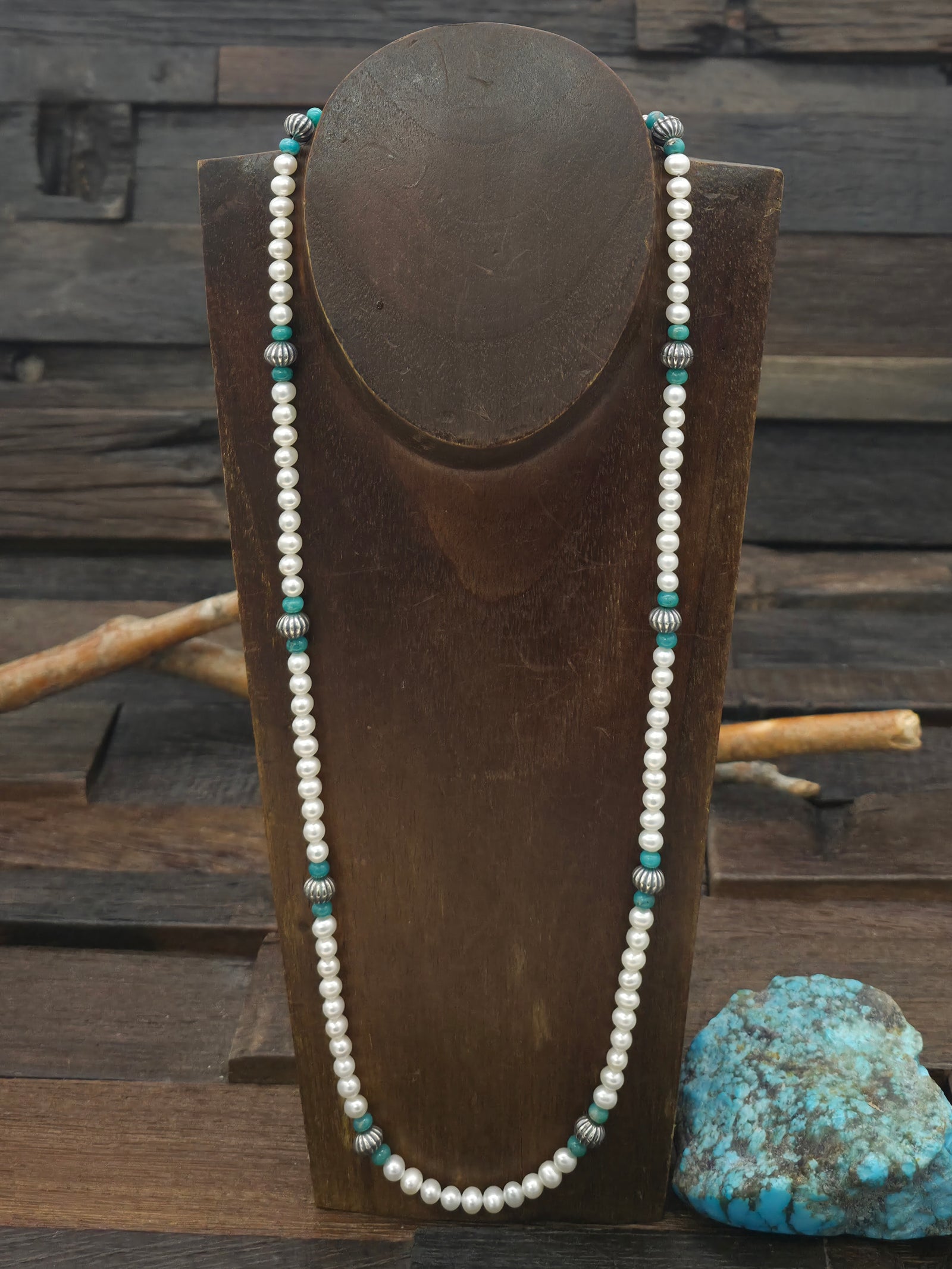 Pearl, Sterling Silver, and Turquoise Bead Necklace - 24 in. plus 2 in. Extender