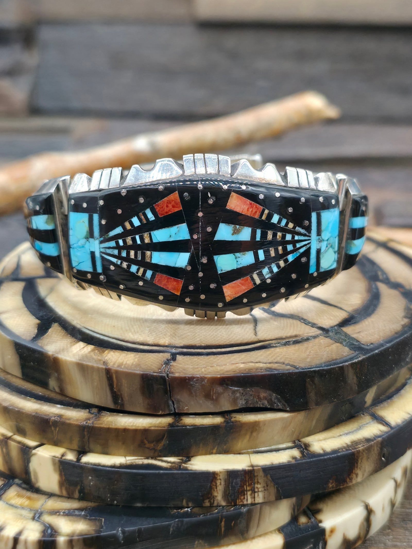 Turquoise Sterling Silver Inlay Bracelet by Ray Jack