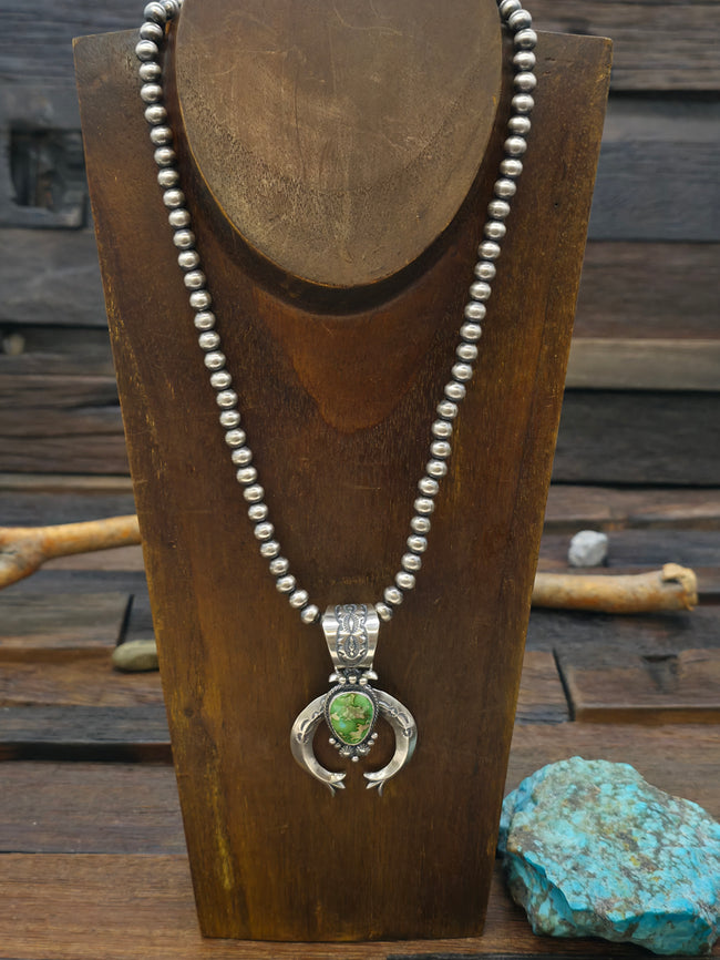 Blue/Green Sonoran Turquoise Naja on Oxidized Sterling Silver Bead Necklace by Samuel Yellowhair - 18 in.