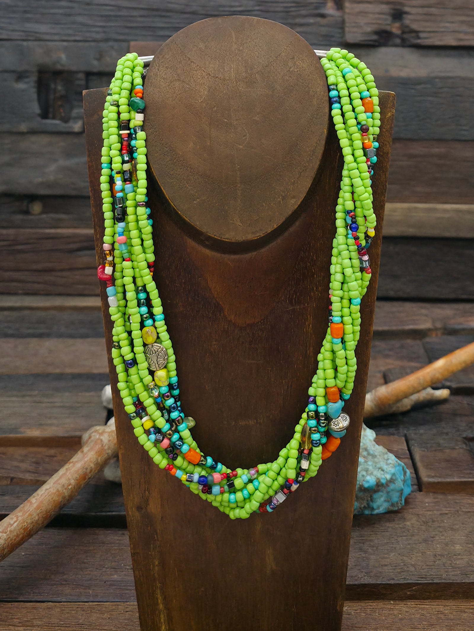 Eight Strand Green Mixed Bead Necklace by Jacqueline Coriz - 20 in.