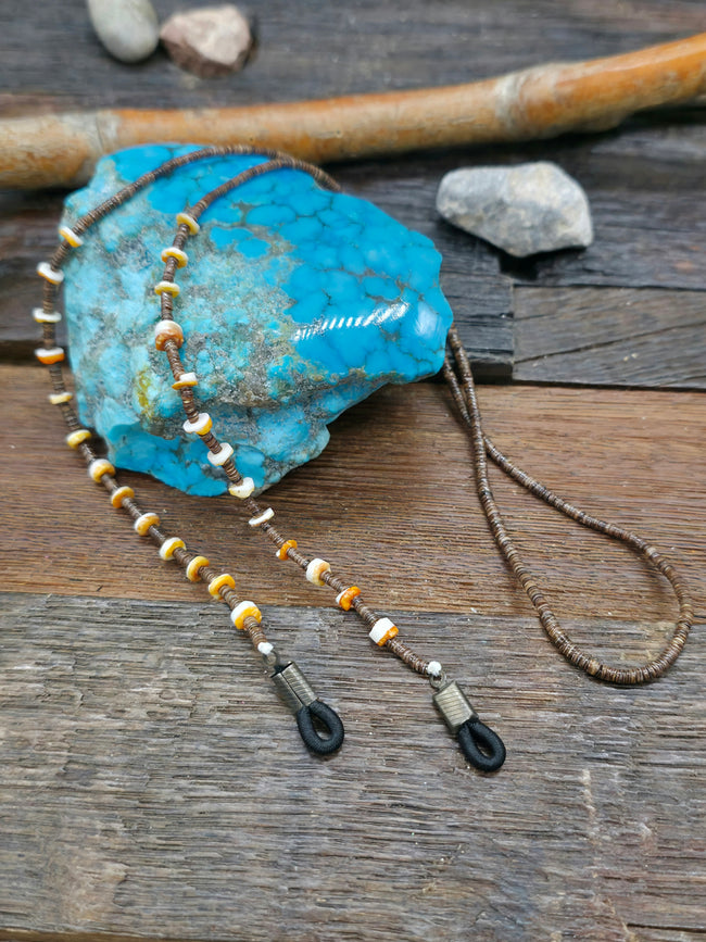 Spiny Oyster and Dark Heishi Eyeglass Chain by Ramona Bird - 25 in.