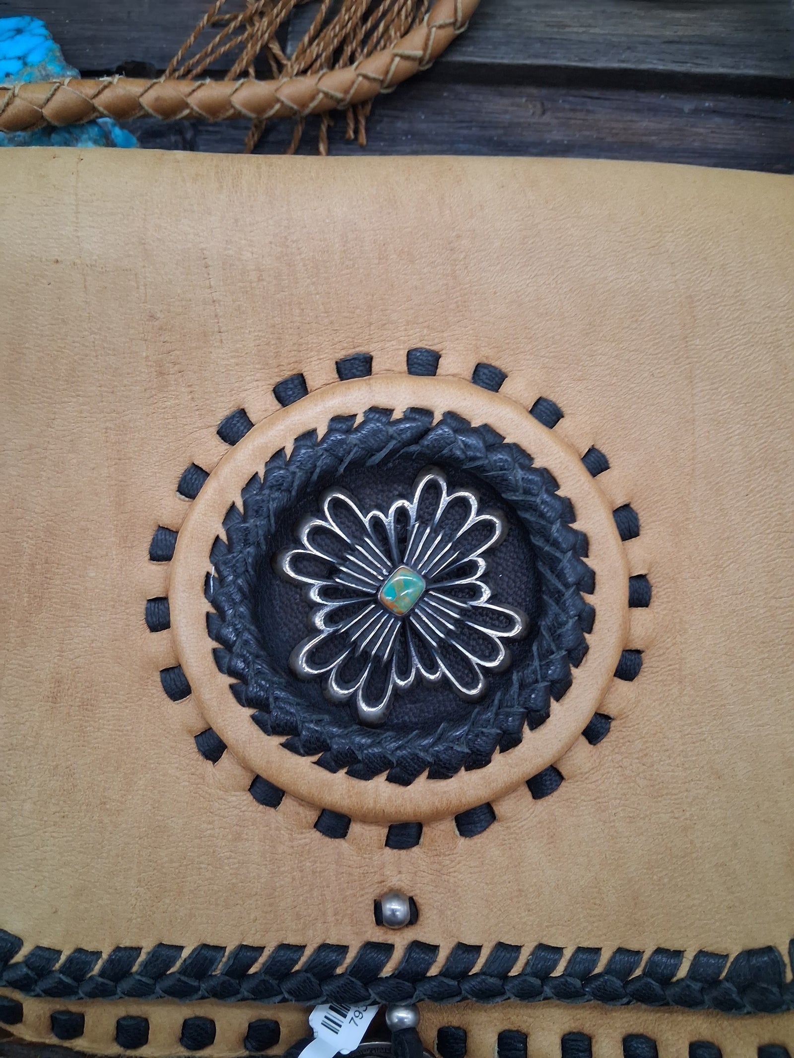 Comanche Style Fringed purse Elk Leather. Aaron Anderson tufa cast with turquoise.