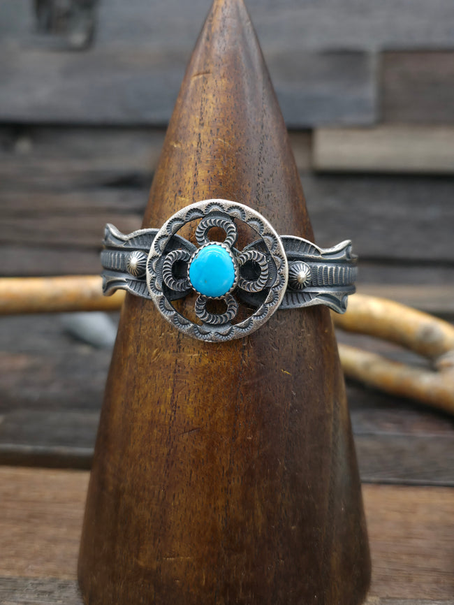 Stamped Sterling Silver Kingman Turquoise Cuff by Kevin Billah - 6 1/4in w/gap