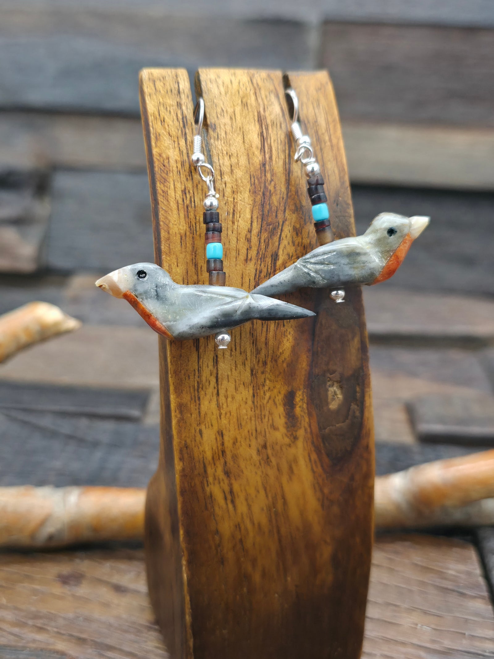 Carved Robin Earrings by Matt Mitchell - 2 in. by 1 1/2 in.