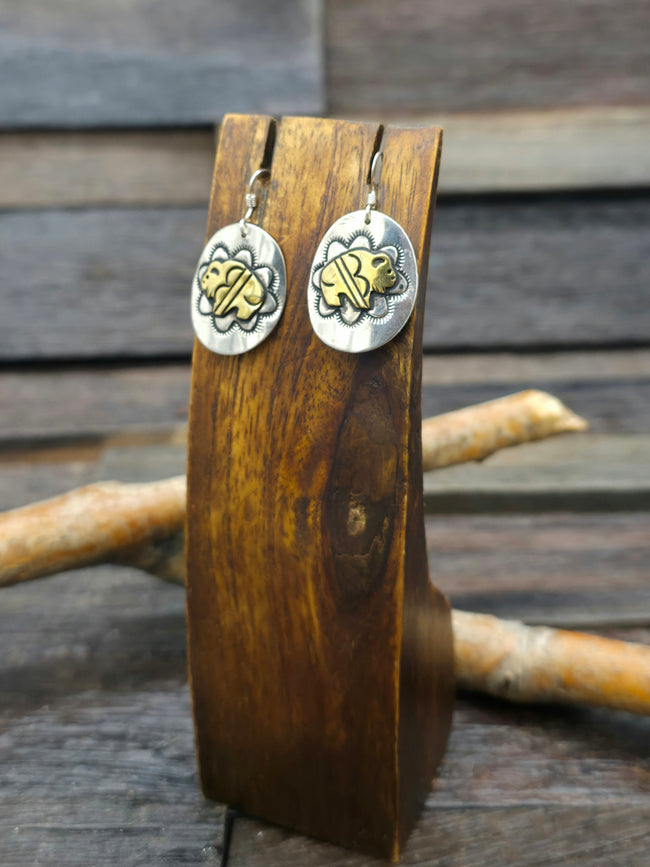 Sterling Silver and Brass Bison Overlay Earrings by Rose Singer