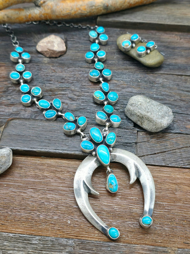 Kingman Turquoise Squash Blossom Necklace and Earring Set by Darrin Livingston - 24 in.