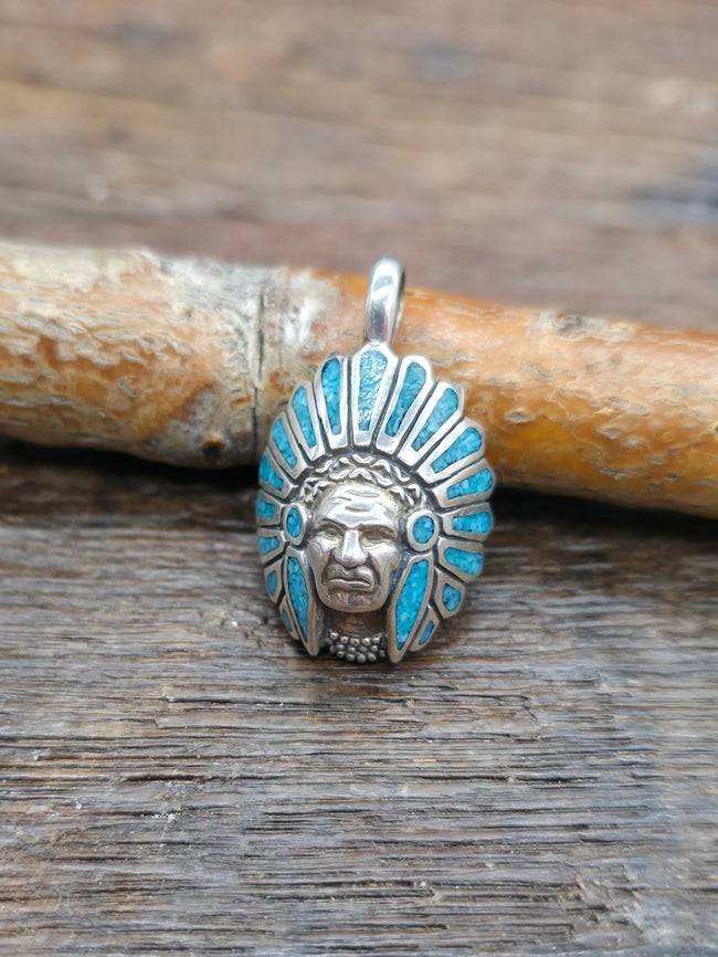 Sterling Silver Turquoise Chip Inlay Chief Pendant - NON NATIVE MADE - 1 1/4 in. by 3/4 in.