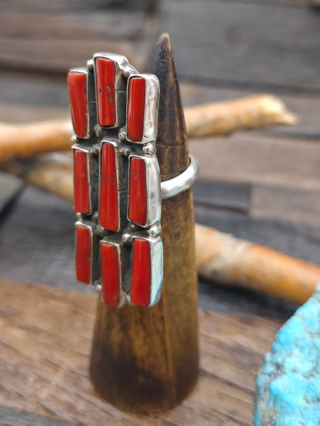 Sterling Silver and Coral Statement Ring by G. James - Adjustable
