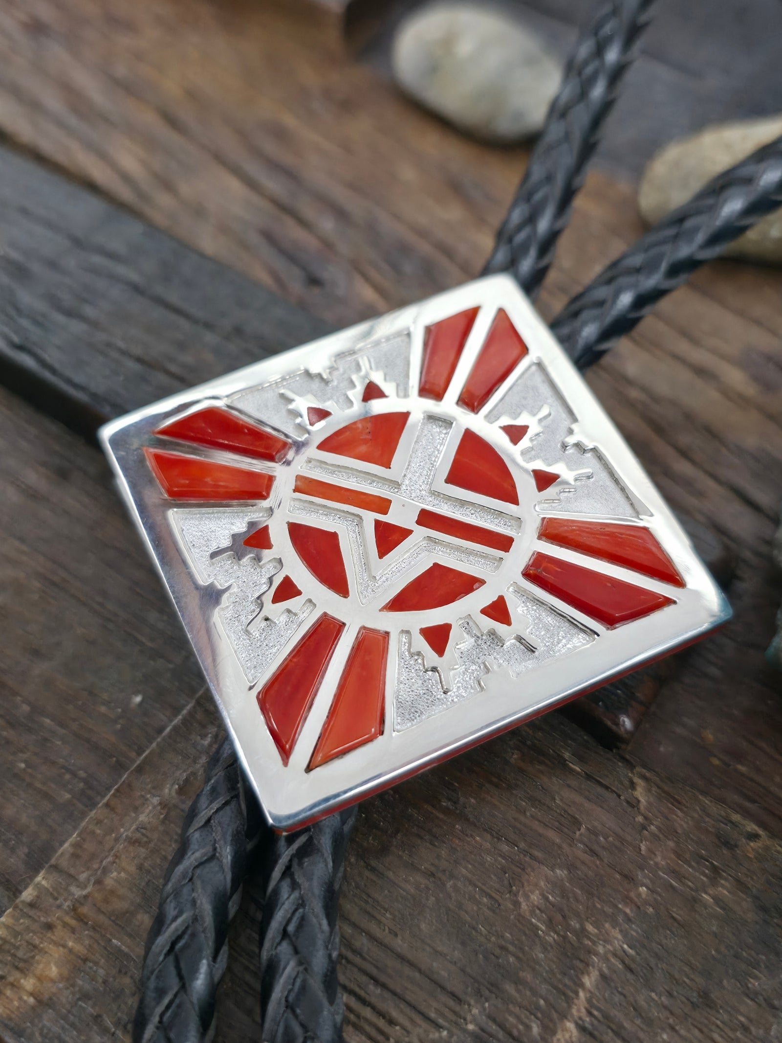 High Shine Sterling Silver Coral Inlay Bolo Tie by Michael Perry - 44 in.