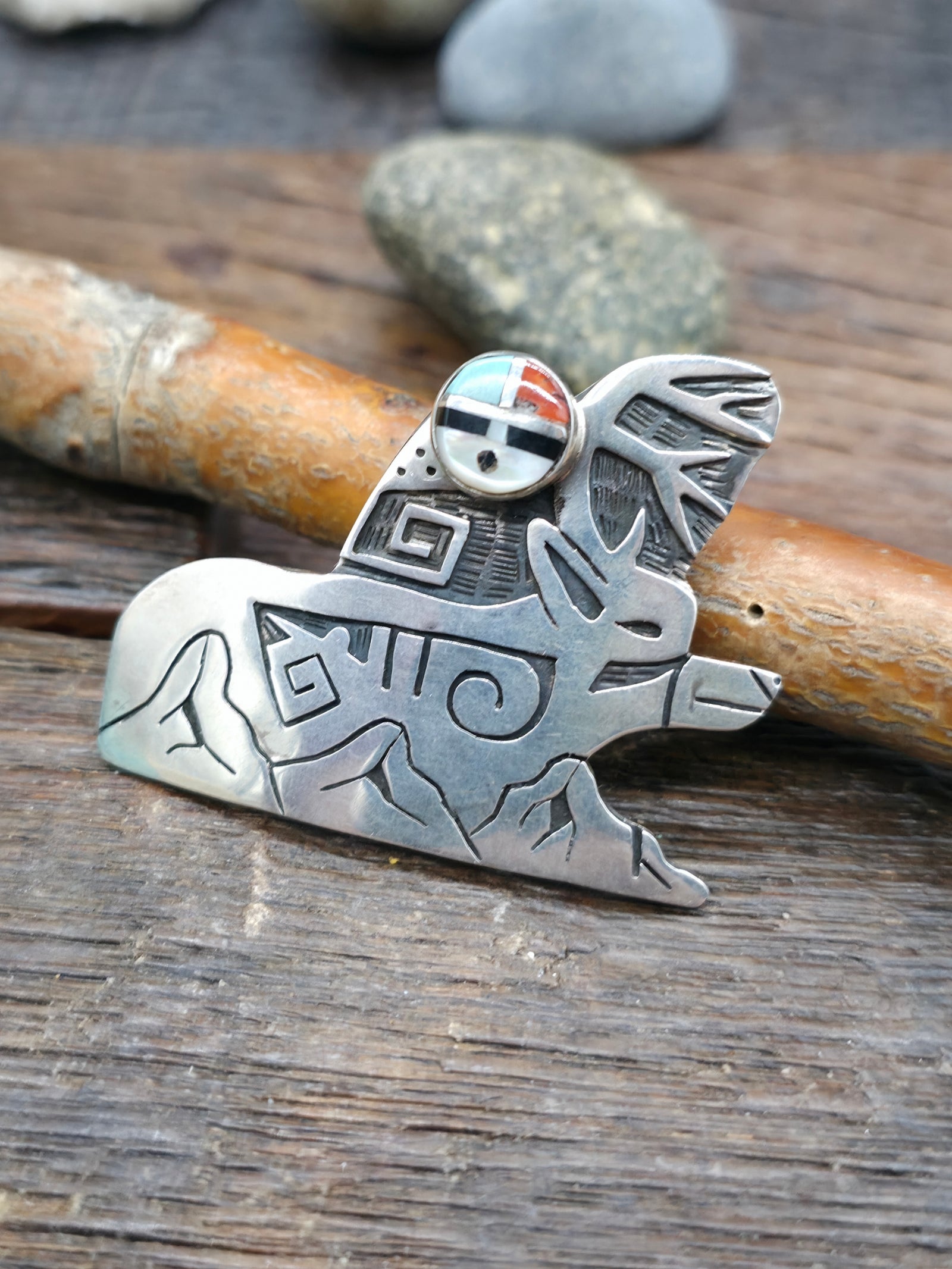 Sterling Silver Deer Pin/Pendant with Sun Face Inlay - 2 in. by 1 1/2 in.