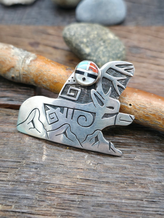 Sterling Silver Deer Pin/Pendant with Sun Face Inlay - 2 in. by 1 1/2 in.