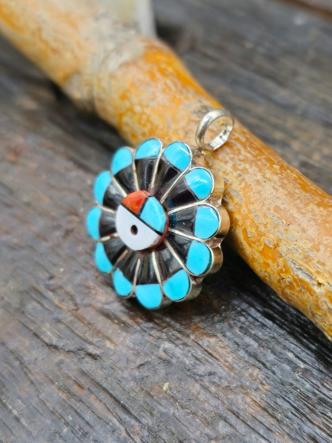 Turquoise, Coral, Mother of Pearl Inlay Sun Face Pendant by Romero Vacit - 1 inch