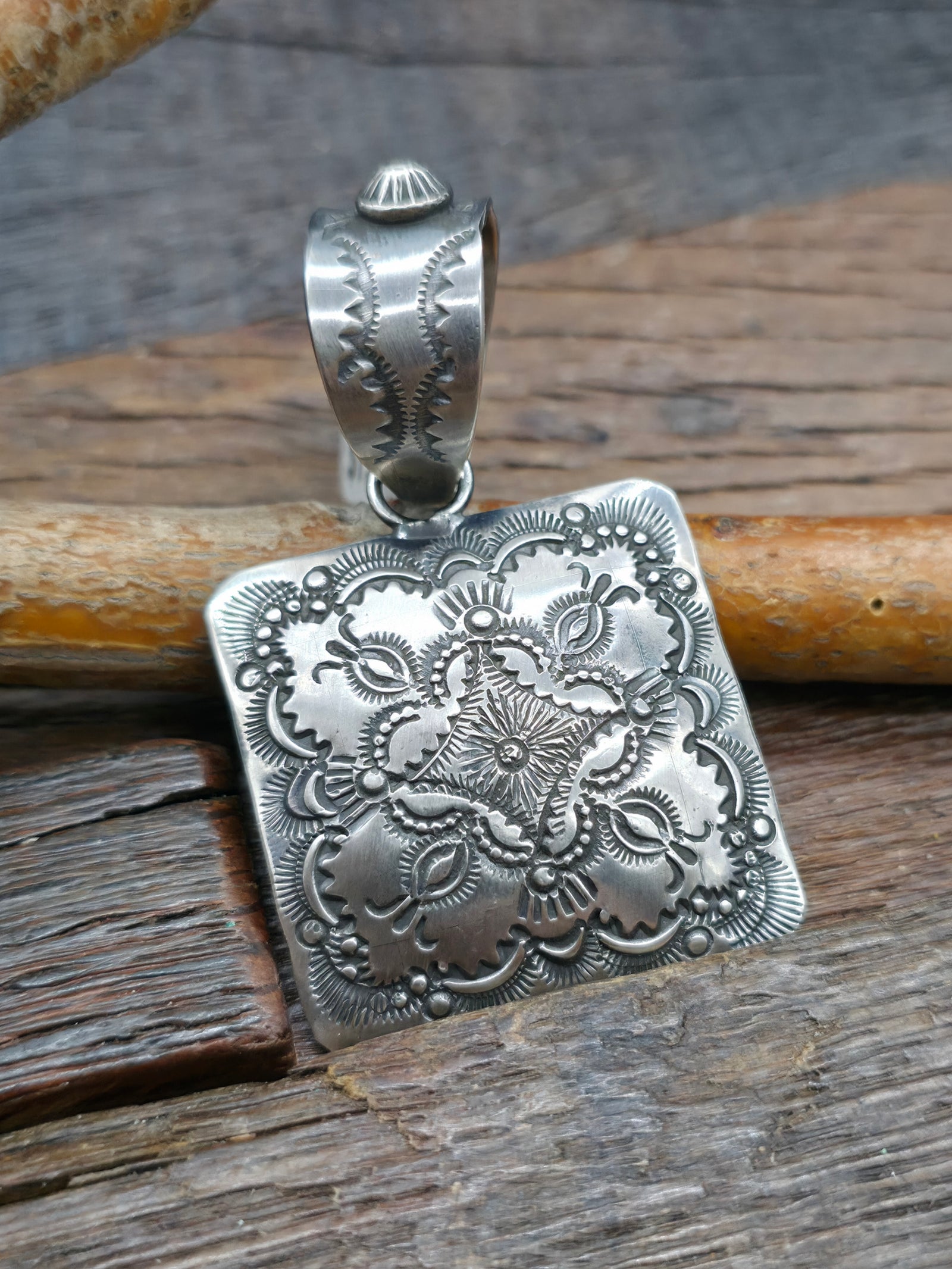 Stamped Sterling Silver Square Pendant by Vincent Platero - 2 3/4 in. by 1 1/2 in.