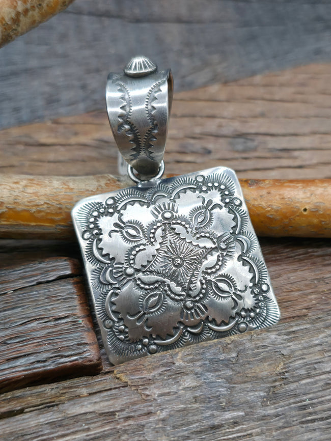 Stamped Sterling Silver Square Pendant by Vincent Platero - 2 3/4 in. by 1 1/2 in.