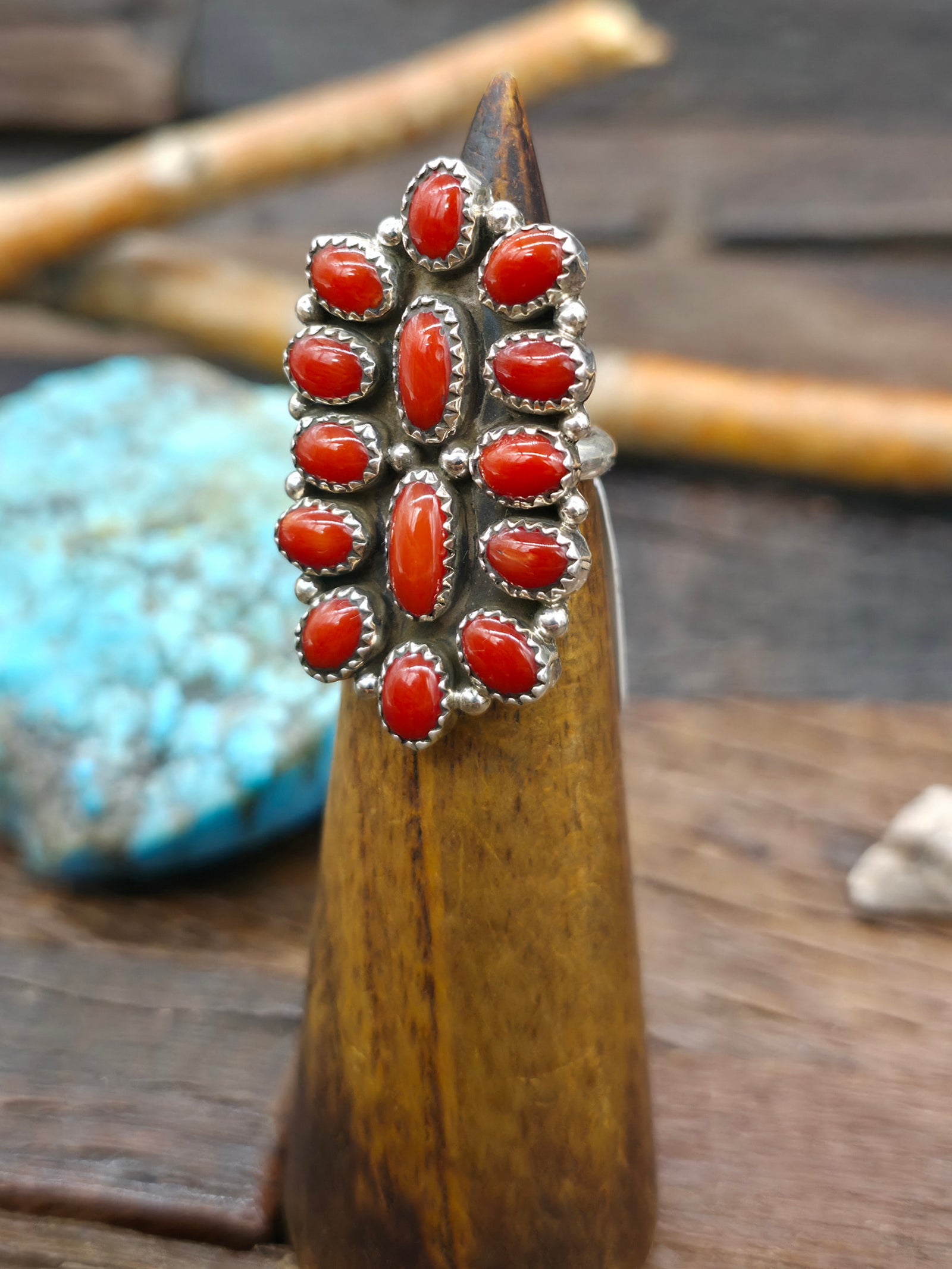 Sterling Silver Coral Cluster Ring by "AS" - Size 6