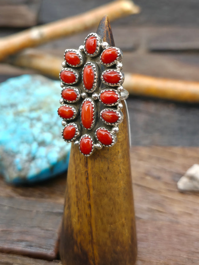 Sterling Silver Coral Cluster Ring by "AS" - Size 6