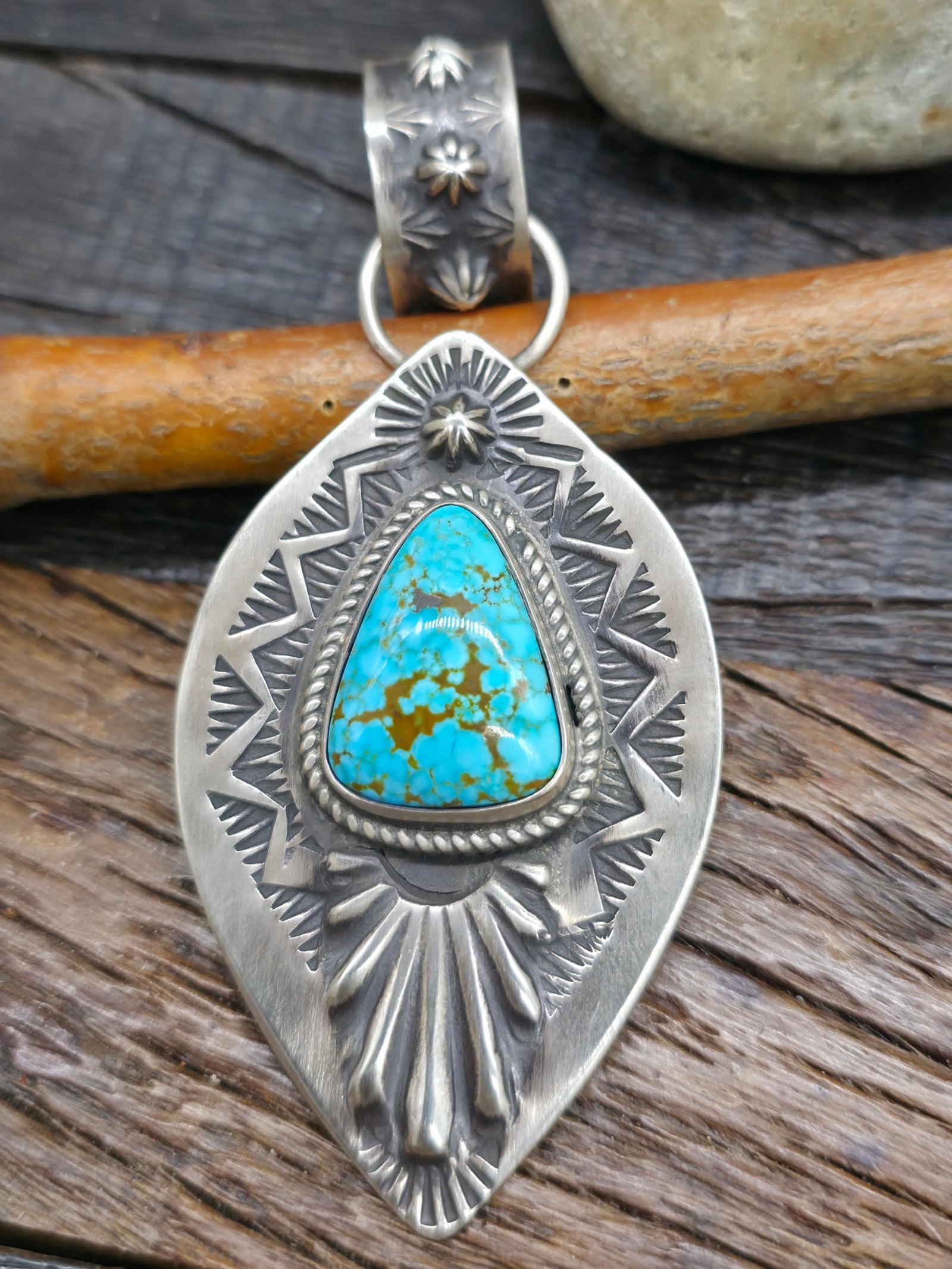 Sterling Silver Kingman Turquoise Pendant by Elvira Bill - 4 1/4 in. by 2 in.