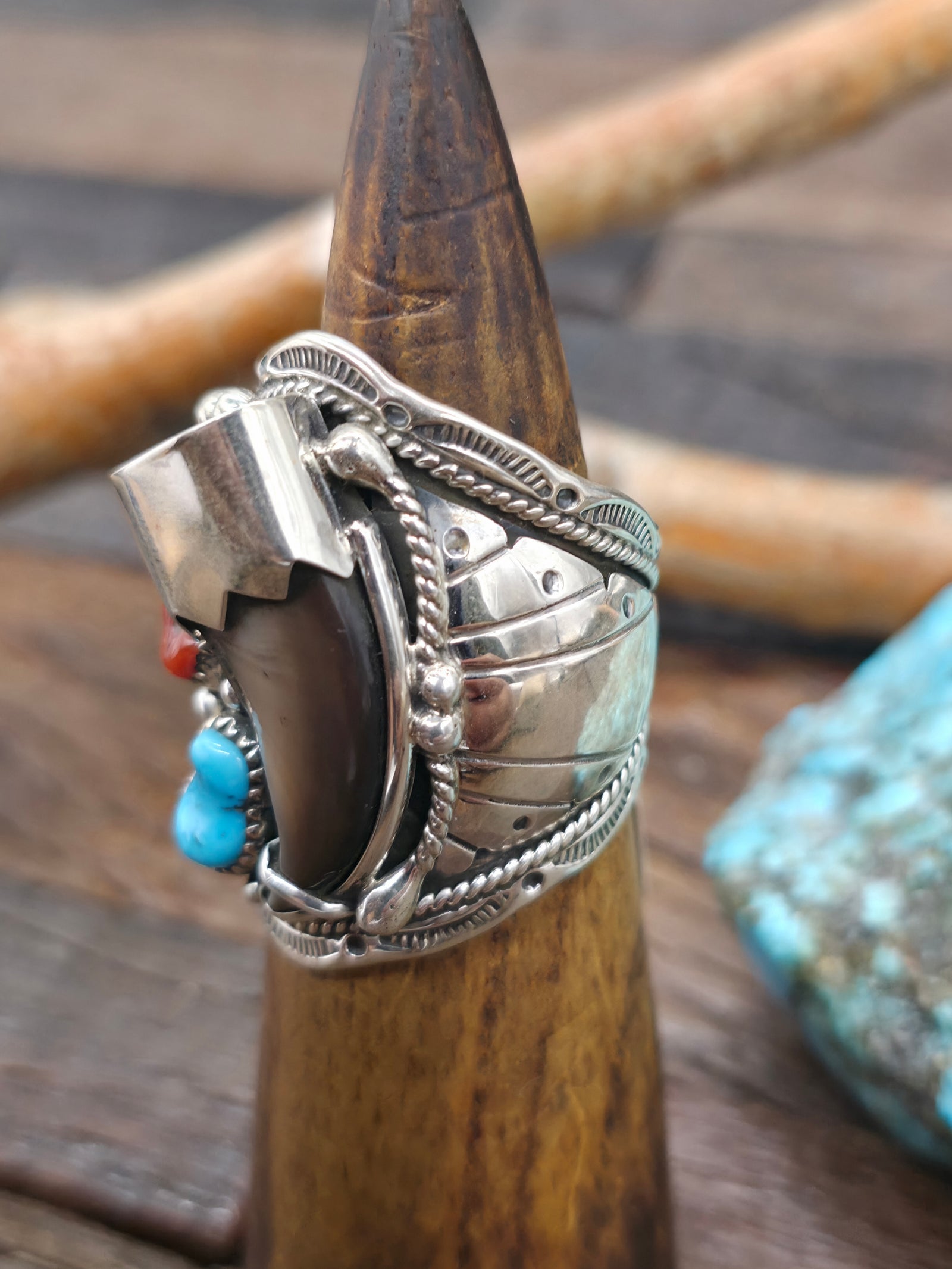 Sterling Silver Claw, Coral, and Turquoise Ring by A. Bahe - Size 13