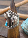 Sterling Silver Claw, Coral, and Turquoise Ring by A. Bahe - Size 13