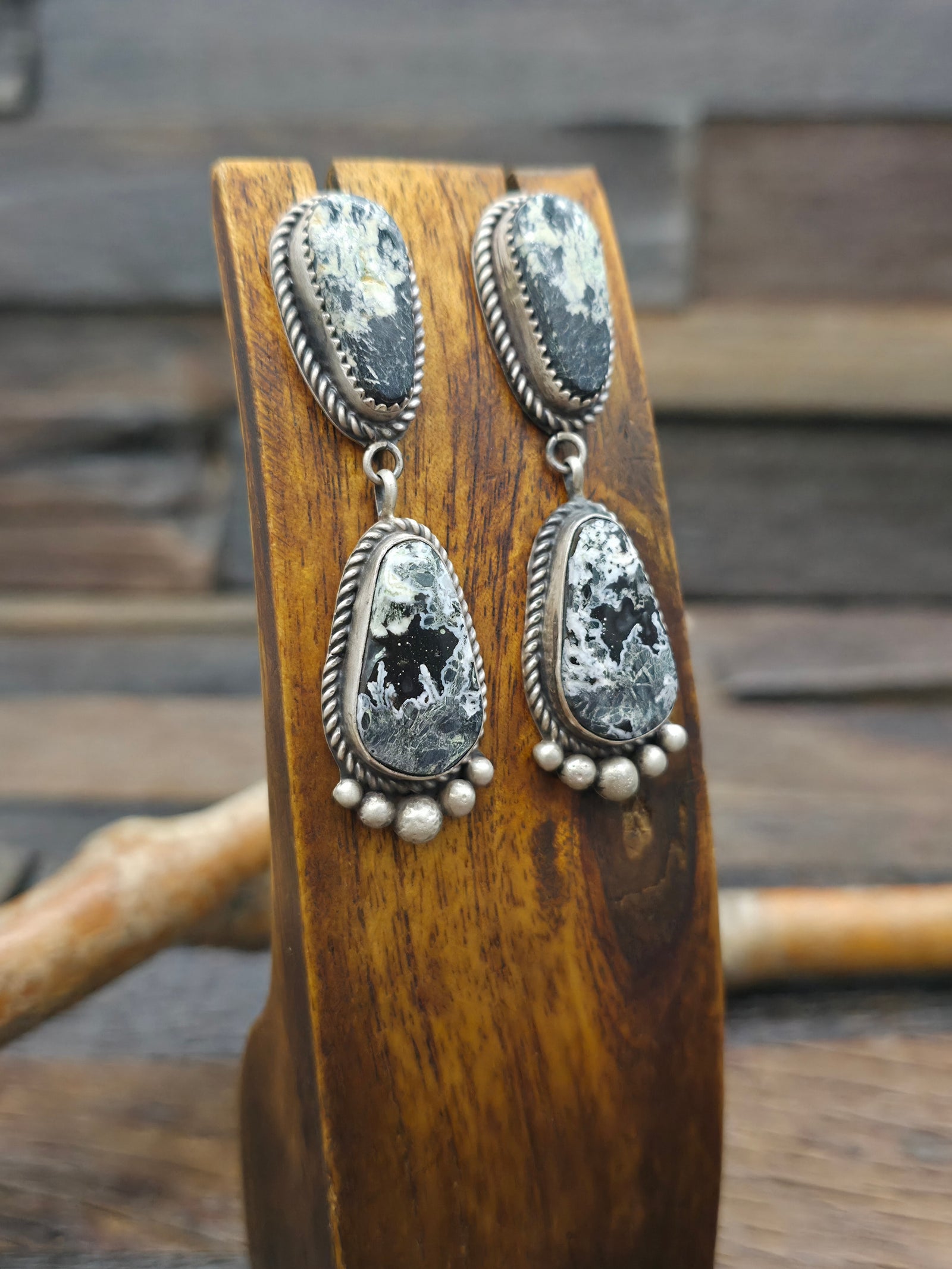 Two Stone Sterling Silver White Buffalo Post Dangle Earrings by LaRose Ganadanegro - 2 3/4 in. by 1/2 in.