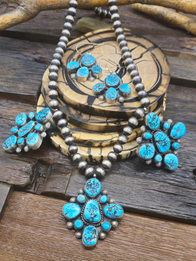 Turquoise Cluster Oxidized Sterling Silver Bead Necklace and Earring Set by Wilson Dawes - 22 in.