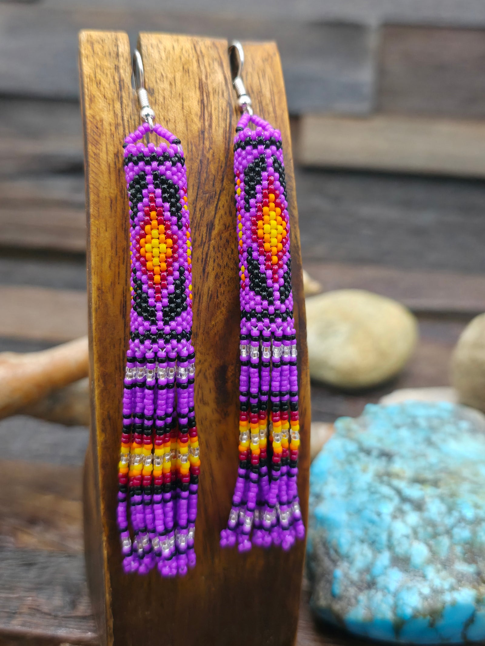 Beadwork Tassel Earrings by Margaret Lee - Purple - 4 in. by 1/2 in.