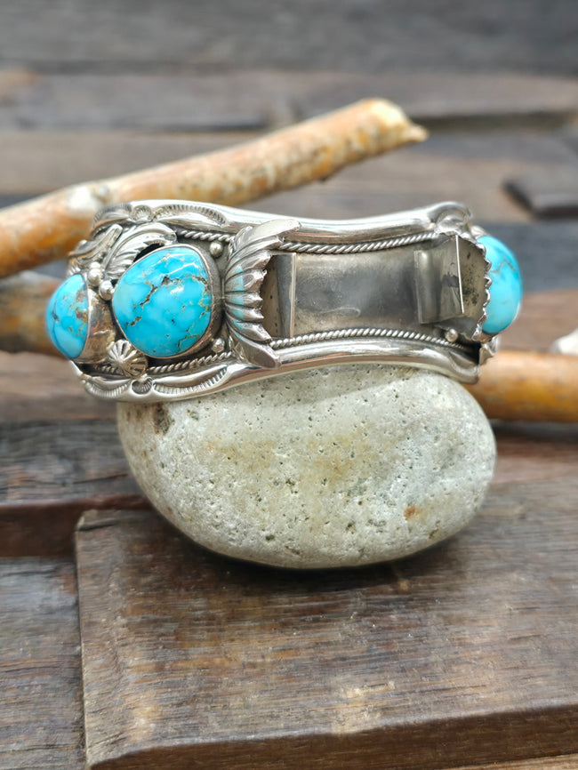 Sterling Silver and Turquoise Leaf Applique Watch Cuff by Delbert Vandever - 6 3/4 in. with Gap