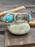 Sterling Silver and Turquoise Leaf Applique Watch Cuff by Delbert Vandever - 6 3/4 in. with Gap