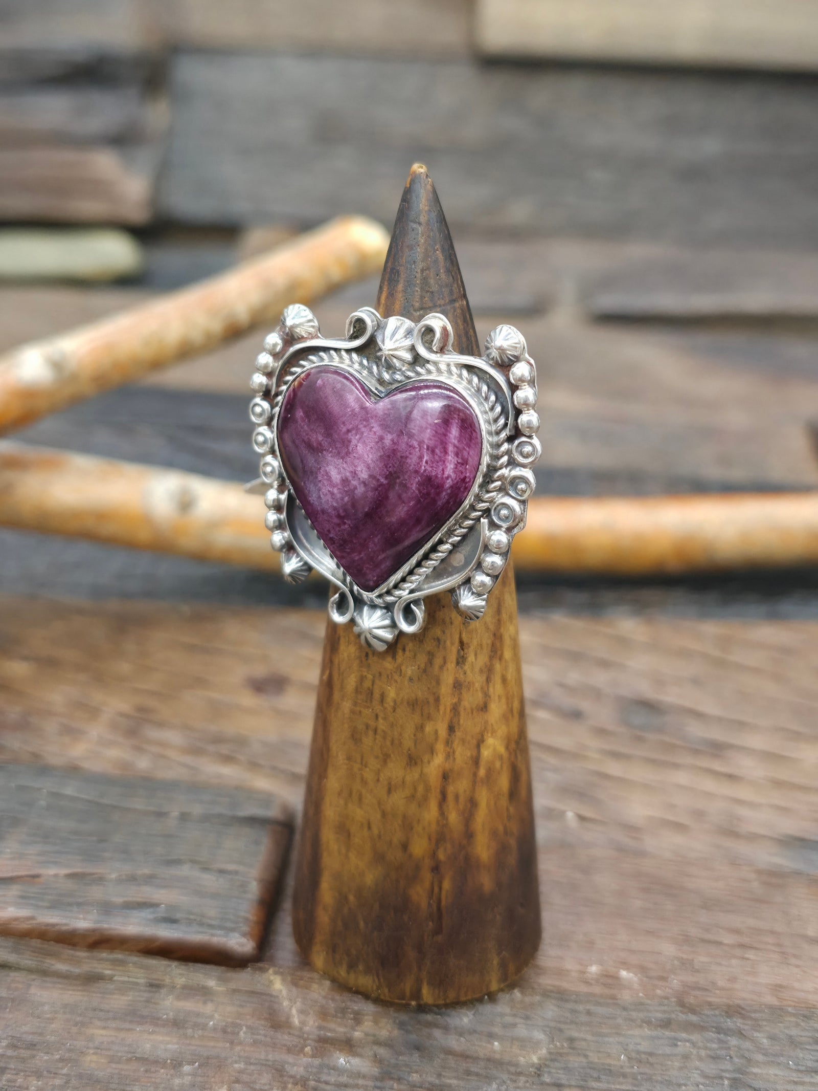 Sterling Silver Purple Spiny Oyster Heart Ring by Rosella Paxson - Size 9