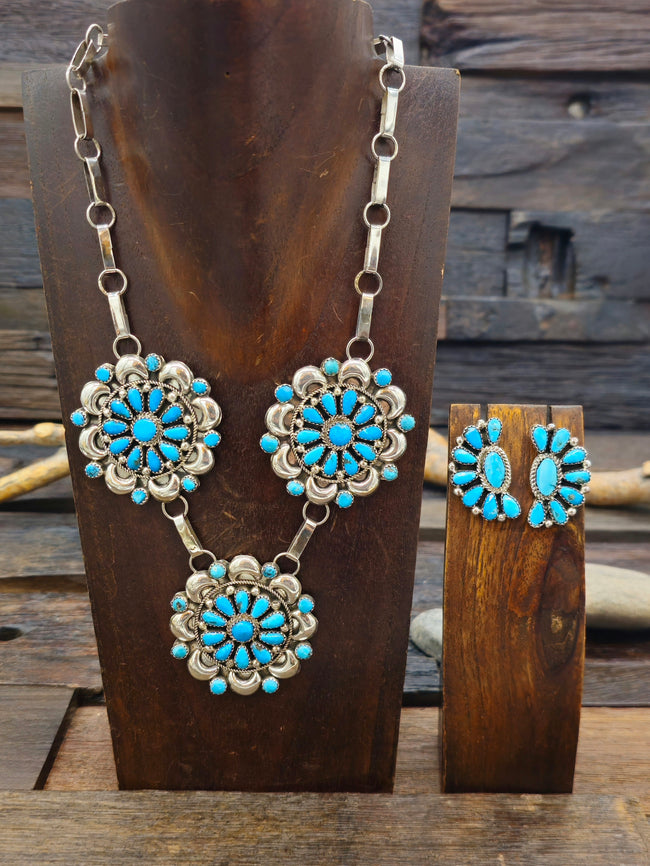 Sterling Silver and Turquoise Three Cluster Necklace and Earring Set - 19 in