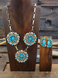 Sterling Silver and Turquoise Three Cluster Necklace and Earring Set - 19 in
