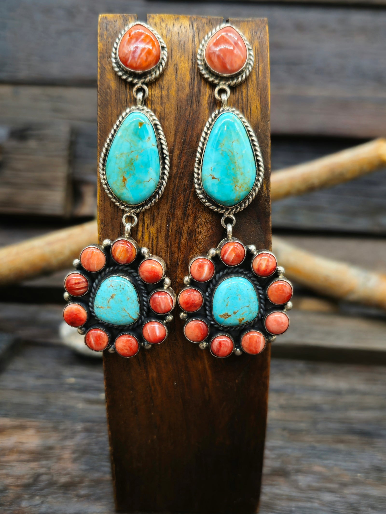 Turquoise and Spiny Oyster Cluster Earrings by E. Wylie