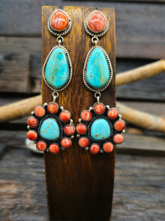 Turquoise and Spiny Oyster Cluster Earrings by E. Wylie
