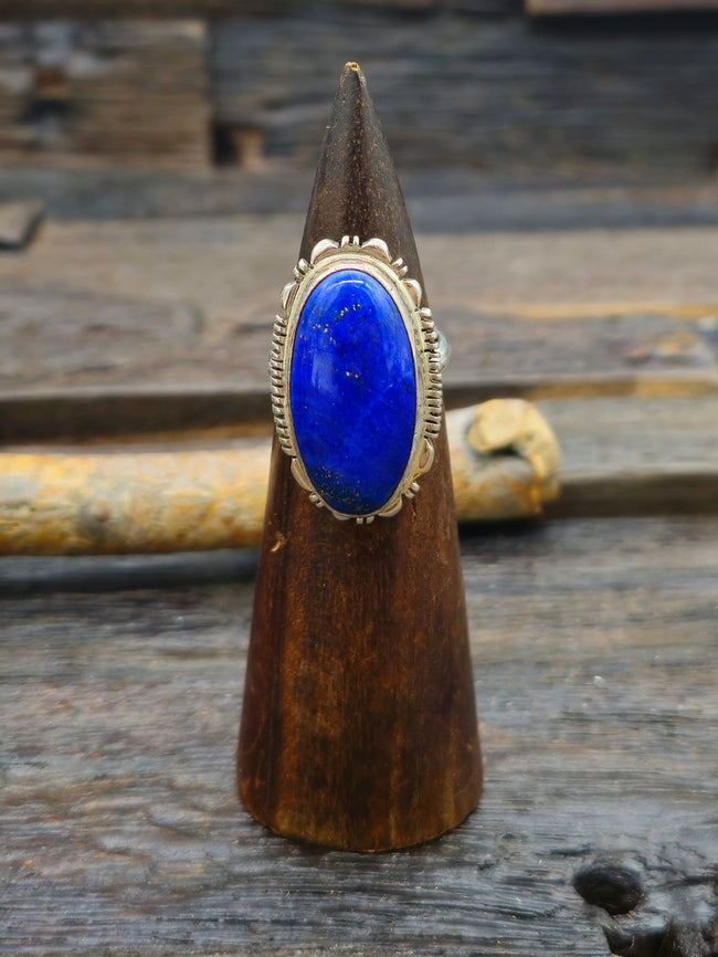 High-Shine Sterling Silver Lapis Lazuli Oval Ring by L. Yazzie Size 10