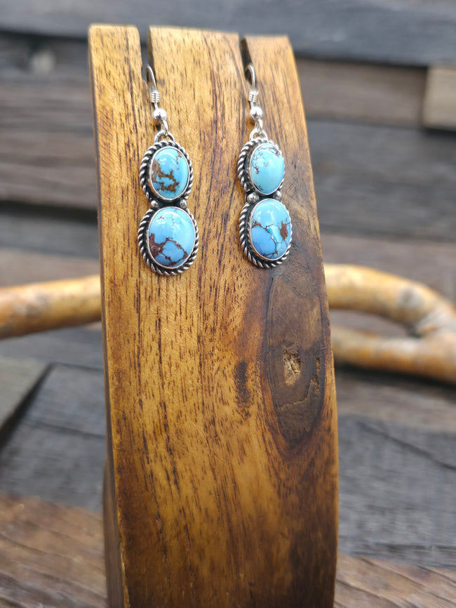 Two Stone Golden Hill Turquoise Sterling Silver Earrings - 1 3/4 in. by 3/8 in.