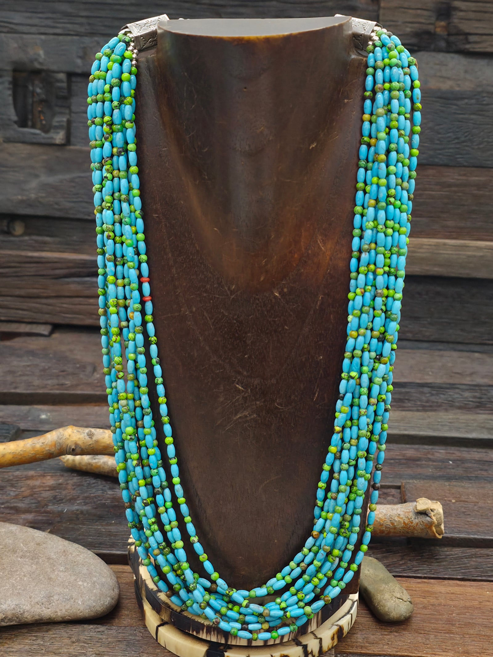 10 Strand Blue and Green Turquoise Necklace by Fred Archuleta - 22in w/6 in Extender