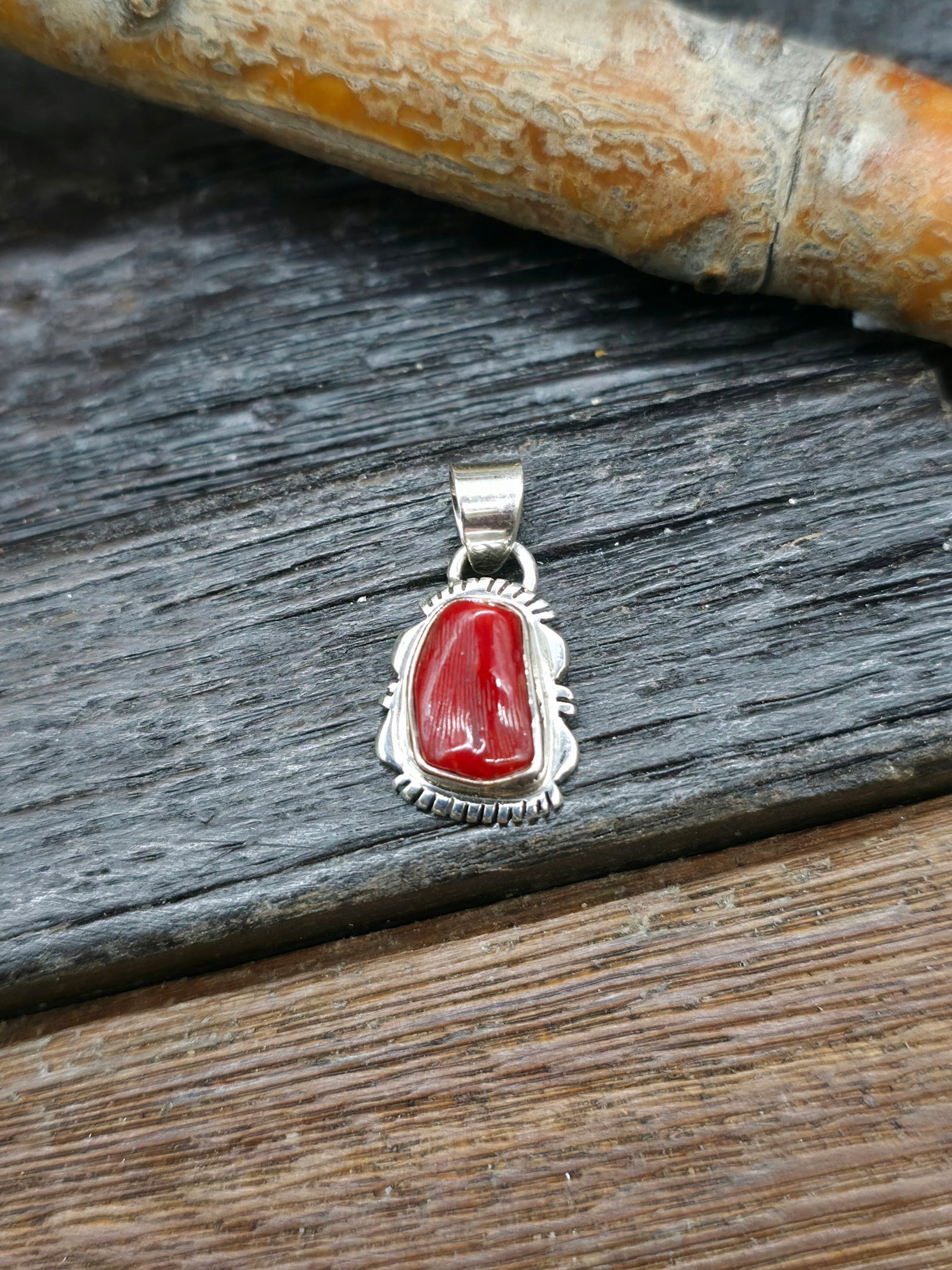 Mini Sterling Silver Coral Pendant by L. Yazzie