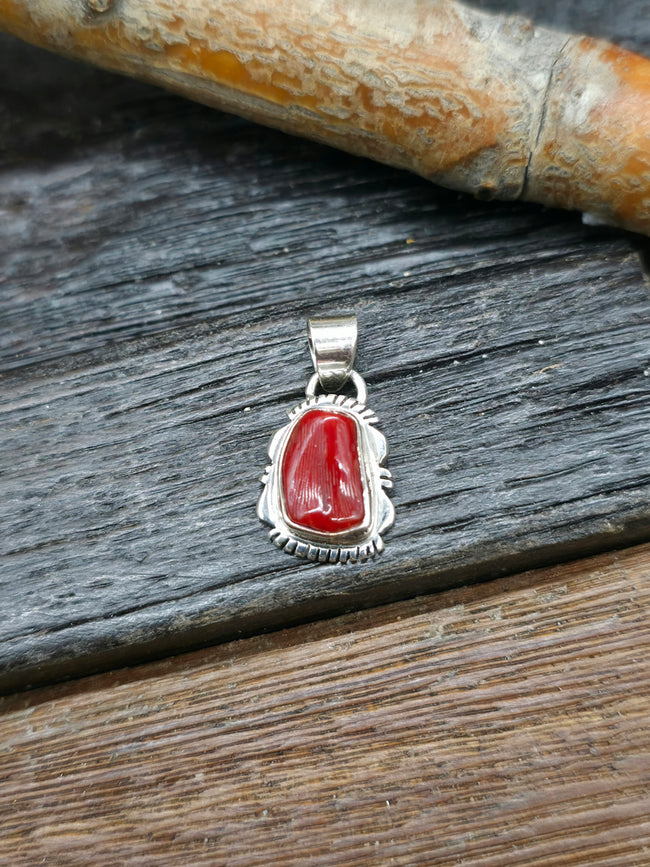 Mini Sterling Silver Coral Pendant by L. Yazzie