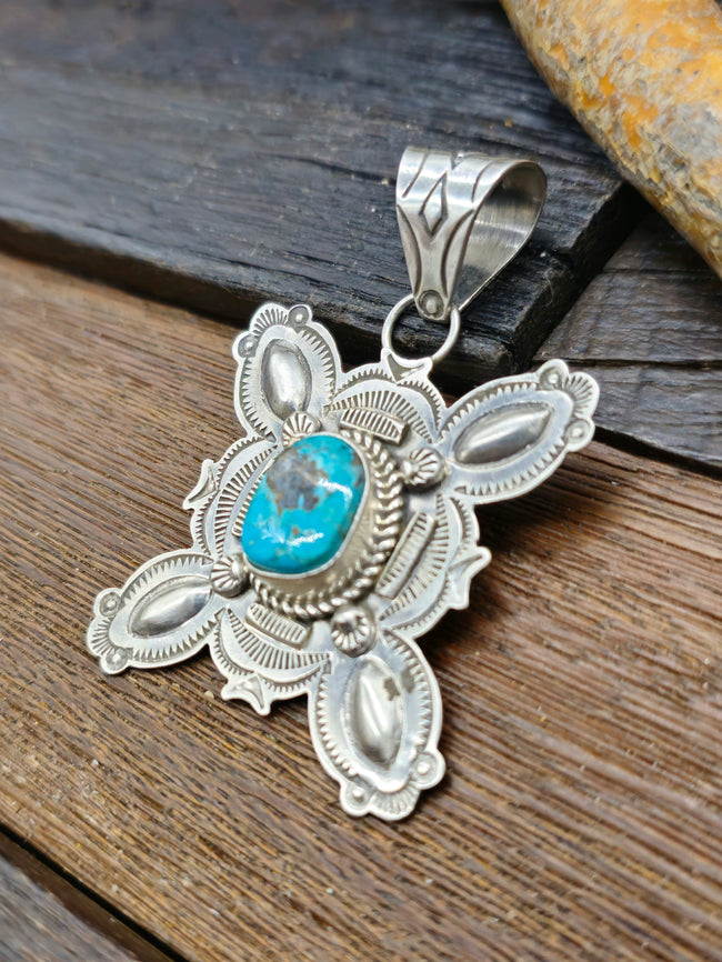 Blue Gem Turquoise Pendant with Stamped Sterling Silver by Dean Sandoval