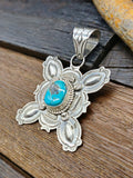 Blue Gem Turquoise Pendant with Stamped Sterling Silver by Dean Sandoval