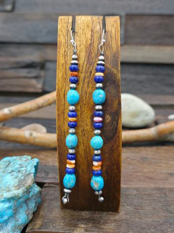 Turquoise Sterling Silver Petit Point Chandelier Earrings by Wayne Johnson - 2 3/4 in. by 1/2 in.