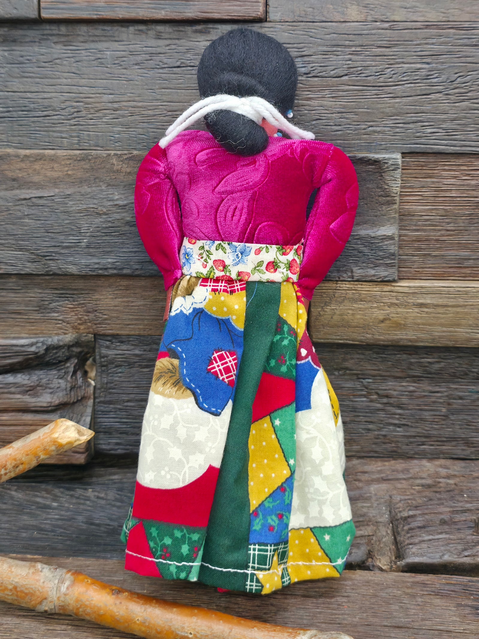 Handmade Cloth Doll - Pink Shirt, Patchwork Skirt