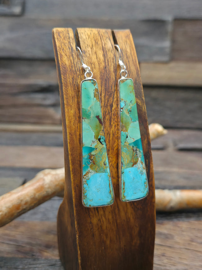 Long Green Turquoise Slab Earrings with Sterling Silver by Veronica Tortalita