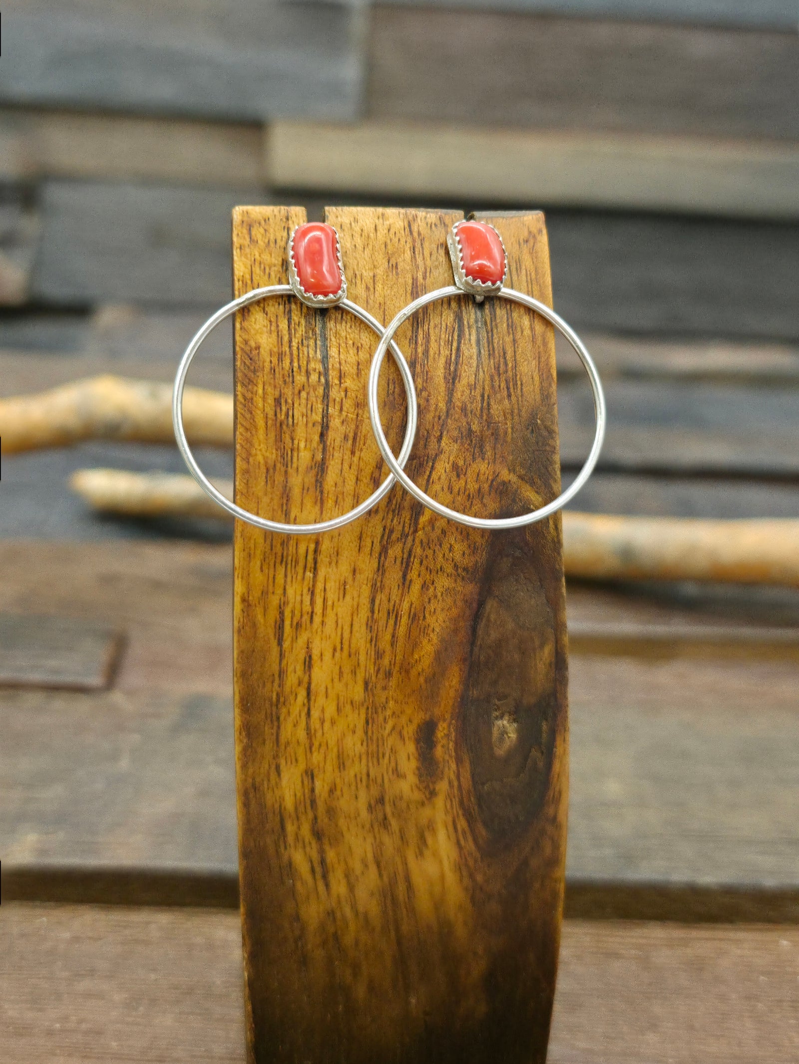 Sterling Silver Coral Hanging Hoop Earrings - 1 1/4 in. Diameter