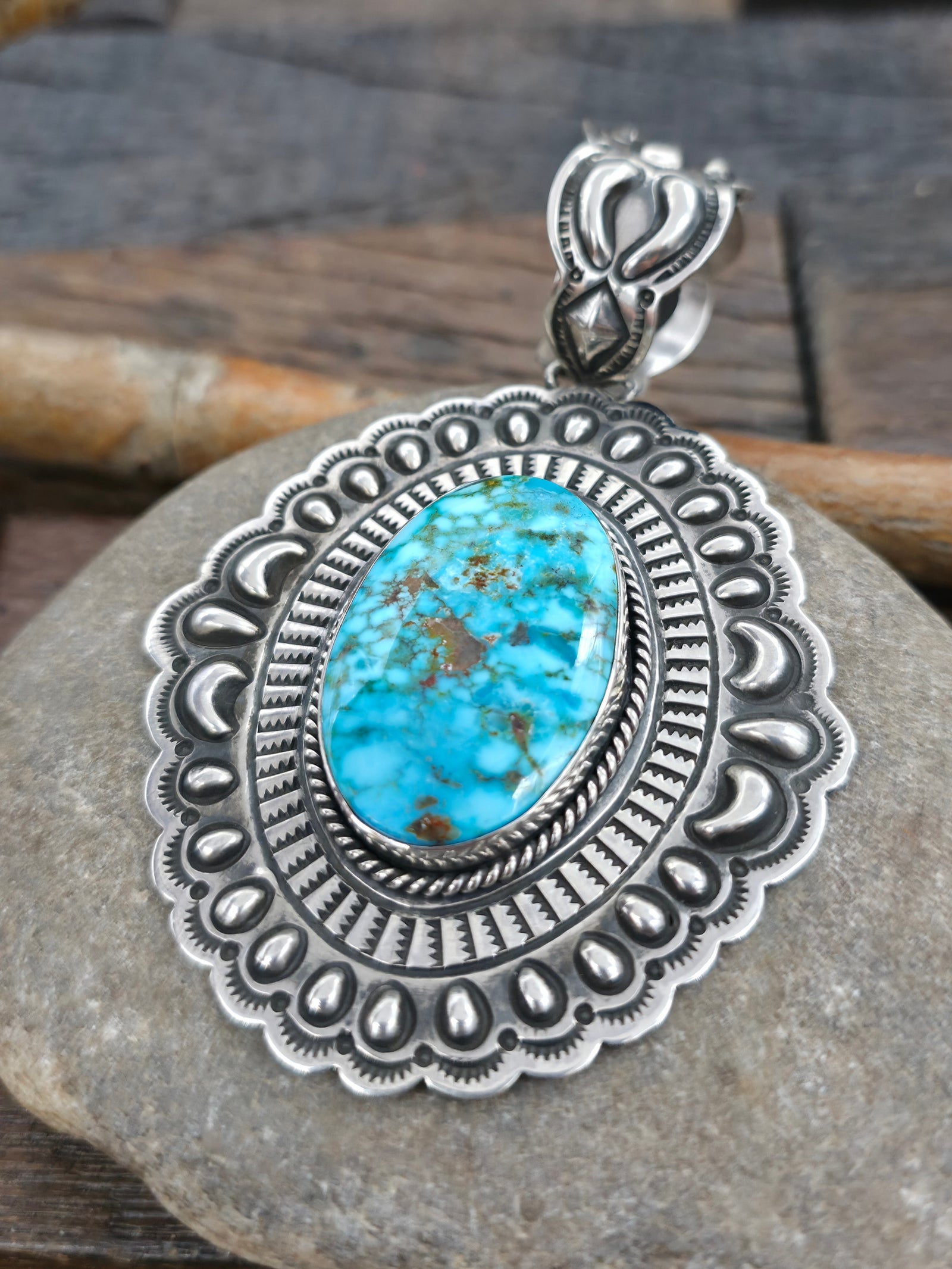 Repousse Stamped Sterling Silver Kingman Turquoise Pendant by T.O. White - 4 in. by 2 1/4 in.