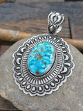 Repousse Stamped Sterling Silver Kingman Turquoise Pendant by T.O. White - 4 in. by 2 1/4 in.