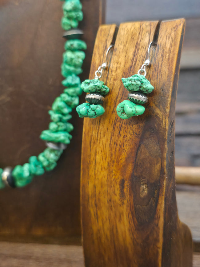 Green Hubei Turquoise Nugget and Oxidized Sterling Silver Bead Necklace, Bracelet, and Earring Set - 20 in. Plus 2 in. Extender