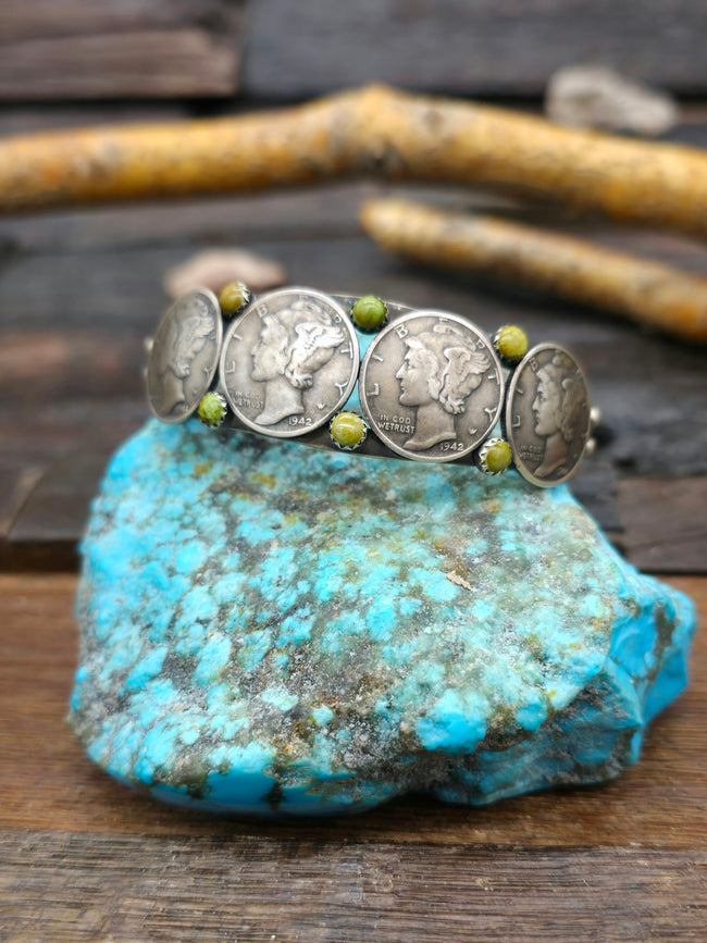 Mercury Dime Bracelet with Green Turquoise by L. Archuleta - 6 in.