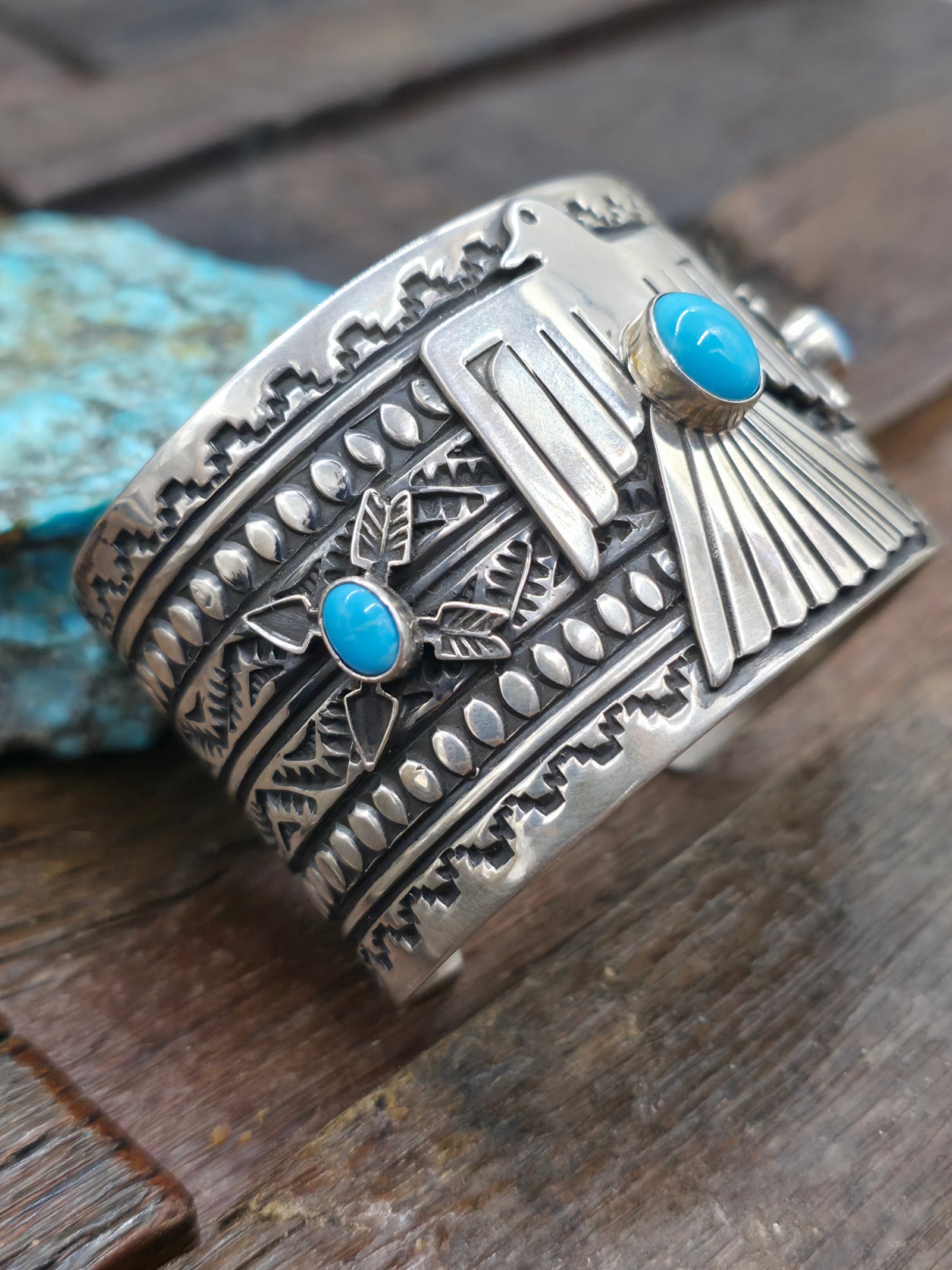 Sterling Silver Turquoise Thunderbird Cuff by Tsosie White - 6 1/2 in. with Gap