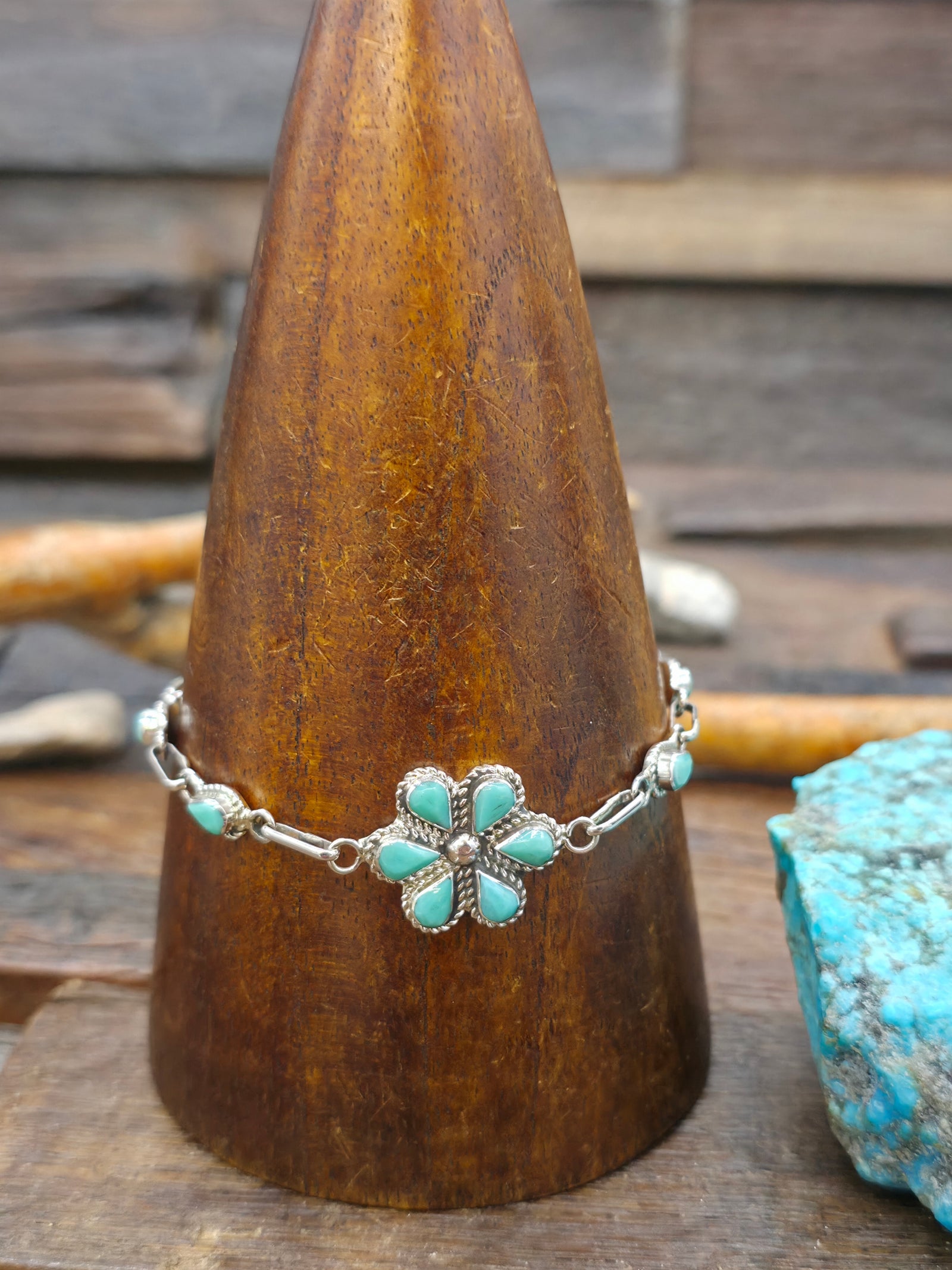 Sterling Silver and Turquoise Flower Link Bracelet by Gina Dosedo - 8 in.